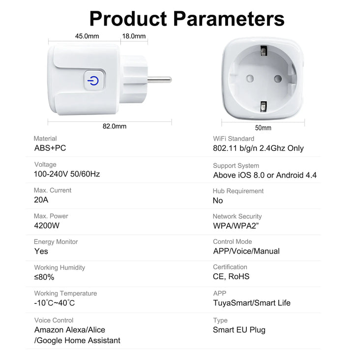Tomada Inteligente WiFi 20A Tuya – 4200W, Energia, Alexa/Google