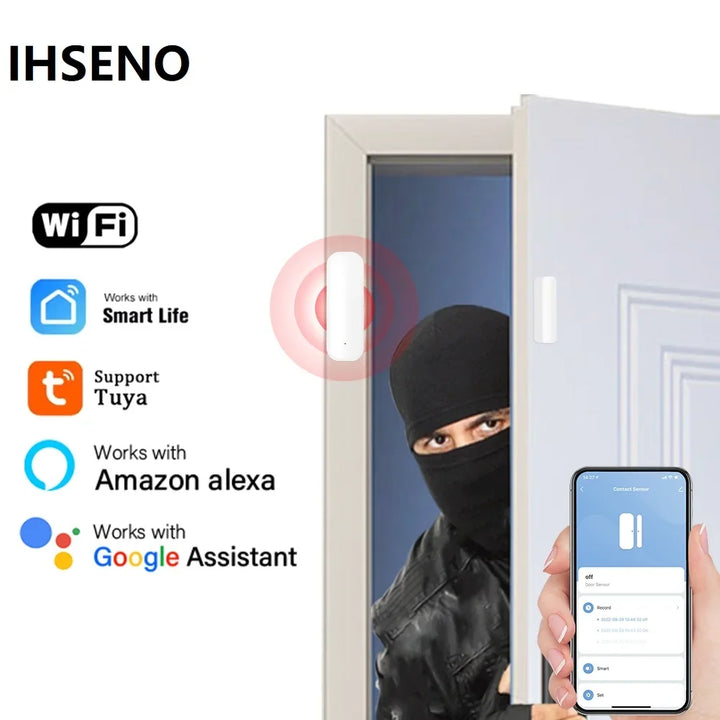 Sensor de Porta e Janela WiFi Tuya – Detector Inteligente sem Fios para Casa, Controlo por App, Alexa e Google Home