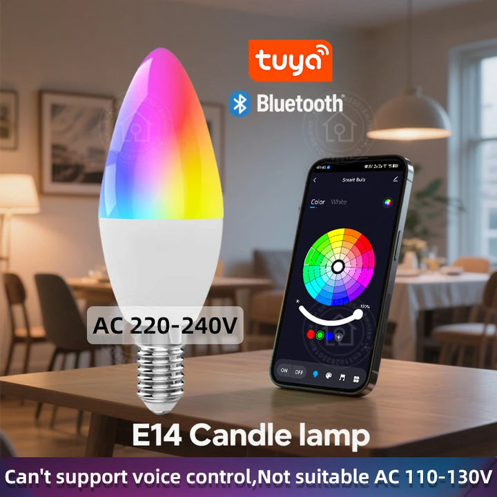 Led Bulb Candle Smart Lamp E14 TUYA Bluetooth Dimmable RGB Light 220V APP Group Control Smart Life For Home Room Decoration